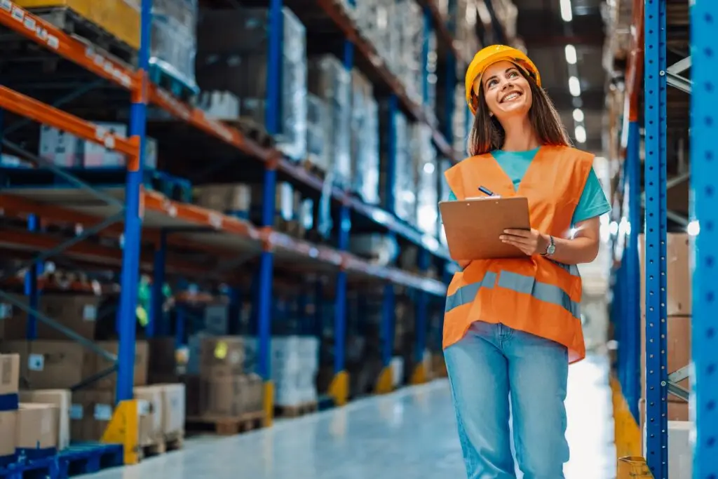 Young woman in warehouse, gazing upward with clipboard, smiling.